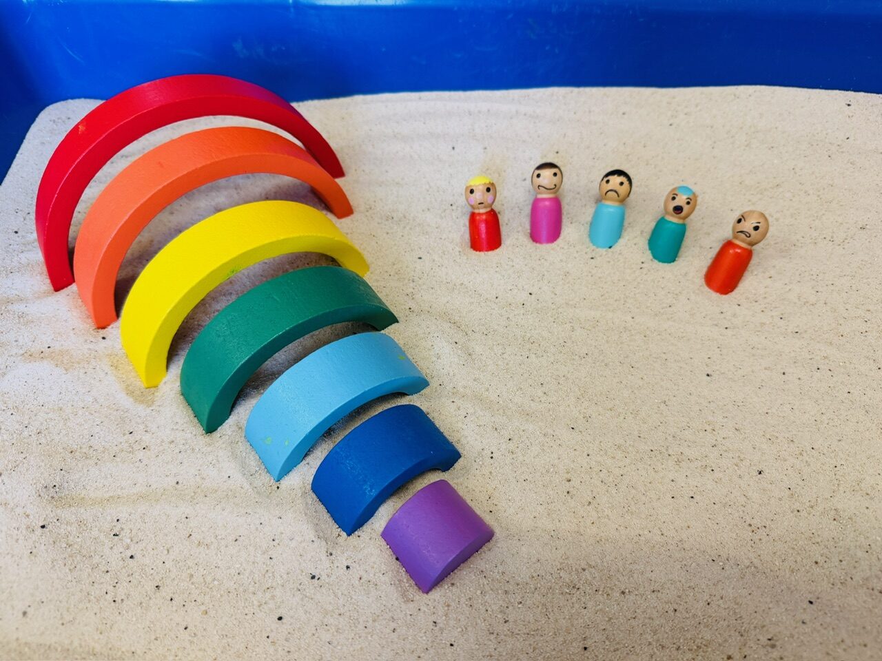A sand tray with a wooden rainbow and little wooden figures showing different feelings